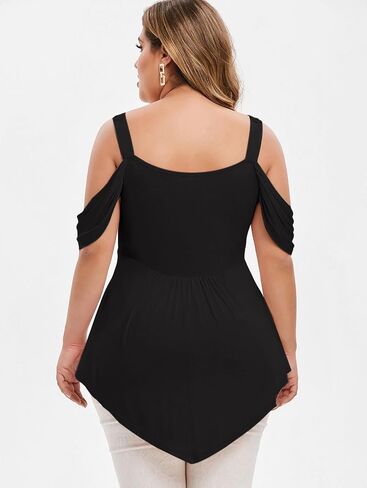 ROSE GAL Rosegal Women Plus Size Cold Shoulder Top Floral Applique Ruched Draped T-Shirt Open Shoulder Tunic Top in Saudi Arabia