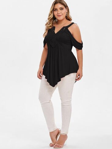 ROSE GAL Rosegal Women Plus Size Cold Shoulder Top Floral Applique Ruched Draped T-Shirt Open Shoulder Tunic Top in Saudi Arabia