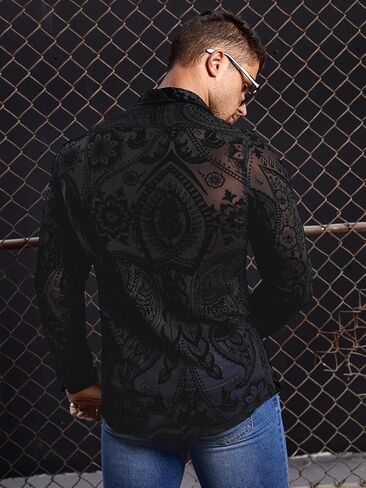 Wdirara Men's Floral Paisley Print Mesh Button Down See من خلال Slim Fit Party Shirt Top Tee in Kuwait