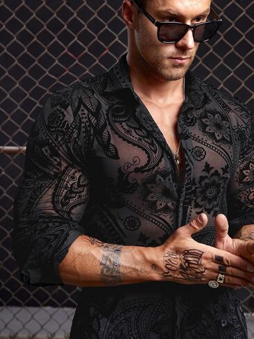 Wdirara Men's Floral Paisley Print Mesh Button Down See من خلال Slim Fit Party Shirt Top Tee in Kuwait