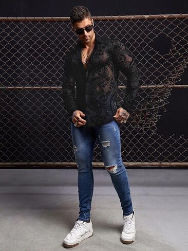 Wdirara Men's Floral Paisley Print Mesh Button Down See من خلال Slim Fit Party Shirt Top Tee in Kuwait