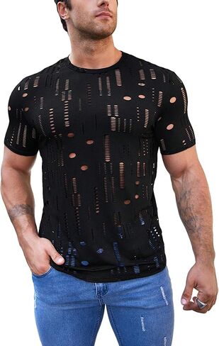 Wdirara Men Hollow Out Round Neck Shirt Tirt Theer Party Club Streetwear Top in Saudi Arabia