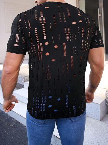 Wdirara Men Hollow Out Round Neck Shirt Tirt Theer Party Club Streetwear Top in Saudi Arabia