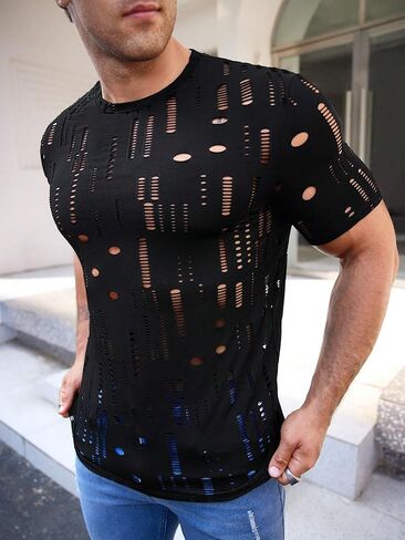 Wdirara Men Hollow Out Round Neck Shirt Tirt Theer Party Club Streetwear Top in Saudi Arabia