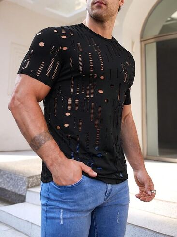 Wdirara Men Hollow Out Round Neck Shirt Tirt Theer Party Club Streetwear Top in Saudi Arabia