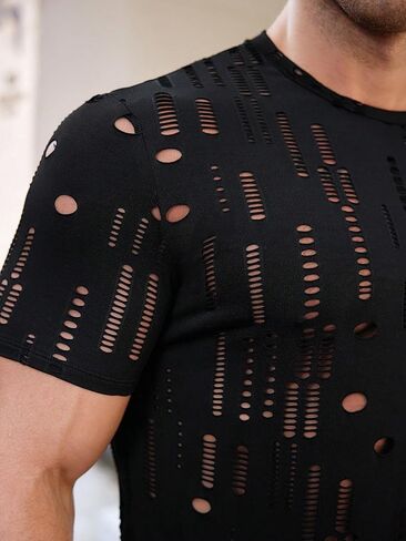 Wdirara Men Hollow Out Round Neck Shirt Tirt Theer Party Club Streetwear Top in Saudi Arabia