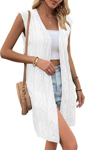 Verdusa Women's Sleeveless Cardigan Summer Crochet Coverups Lightweight Knit Long Vest in Saudi Arabia