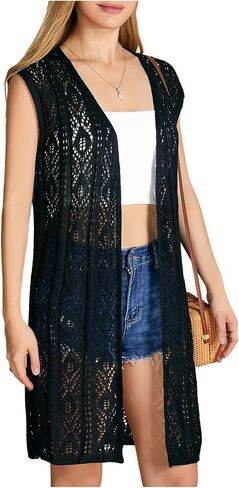 Verdusa Women's Sleeveless Cardigan Summer Crochet Coverups Lightweight Knit Long Vest in Saudi Arabia