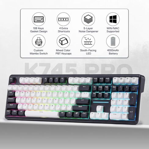 Redragon K745 PRO Wireless 108-Key Gasket RGB Gaming Keyboard, 4 Hotkeys | Extra Shortcut Keys, 0-Delay Tri-Mode, Cushioned Noise Dampening for Creamy Thocky Sound, Unfaded PBT Keycaps, PRO Software in Kuwait