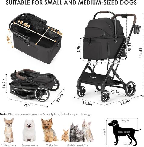 X2 Pet Stroller, Dog Stroller & Cat Stroller for Small Pets Under 33lbs, Equipped with Detachable & Foldable Carrier, Waterproof Pad & Sunshade Canopy in Kuwait