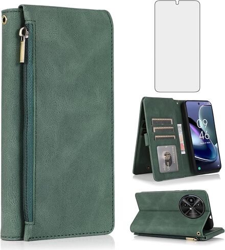 Asuwish Compatible with TCL 50XL 5G 2024 Wallet Case Tempered Glass Screen Protector and Zipper Wrist Strap Retro Leather Flip Cover Card Holder Stand Cell Accessories for TCL50 50 XL Women Men Black in Saudi Arabia