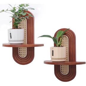 Wall Rattan Shelf Set of 2,Boho Rustic Wood Floating Shelves Wall Mounted, Small Plants Picture Ledge Decoration Display Shelving for Living Room,Bedroom,Bathroom (Walnut) in Saudi Arabia