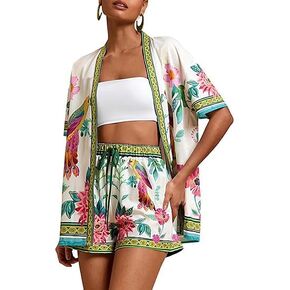 Women Boho Tropical Print Beach Cover Up 2 Piece Set Summer Short Sleeve and Shorts Lounge Outfit Lightweight in Saudi Arabia