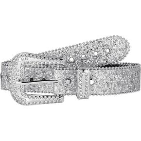 Western Cowboy Style Bhinestone Billts للنساء ، Western Cowgirl Western Silver Leather Leather Belt Bling Diamond Crystal Belt for Bans Bans (40.94 × 1.50 بوصة） in Kuwait