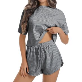 Allmloers Womens Split Short Pajama Set Striped Short Sleeve Crewneck Tee and Side Slit Sleepwear Set 2 Piece Cotton Pjs Set in Saudi Arabia