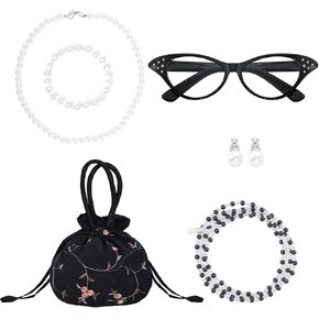 5 Pcs Old Lady Costume Set Grandma Granny Glasses Eyeglasses Chain Pearl Necklace Bracelet for Women Granny Halloween Costume in Kuwait