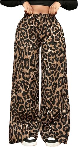 Floerns Women's Street Cheetah Print Baggy Pants Drawstring Wide Leg Elastic Waist Loose Long Trousers in Saudi Arabia