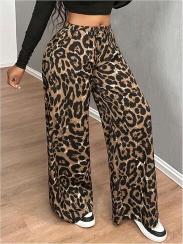 Floerns Women's Street Cheetah Print Baggy Pants Drawstring Wide Leg Elastic Waist Loose Long Trousers in Saudi Arabia