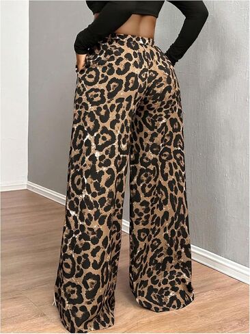 Floerns Women's Street Cheetah Print Baggy Pants Drawstring Wide Leg Elastic Waist Loose Long Trousers in Saudi Arabia