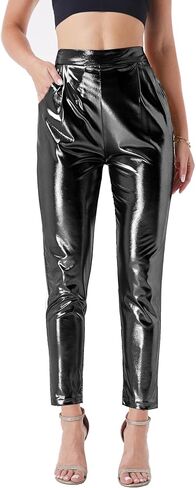 heipeiwa Women's Shiny Metallic Cropped Pants Party Club Disco Wear Sequin Casual Dress Pants in Saudi Arabia