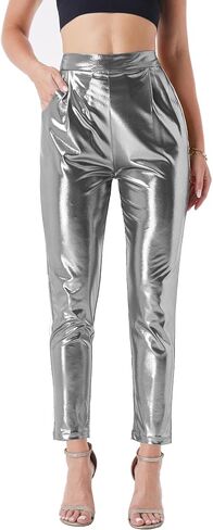 heipeiwa Women's Shiny Metallic Cropped Pants Party Club Disco Wear Sequin Casual Dress Pants in Kuwait