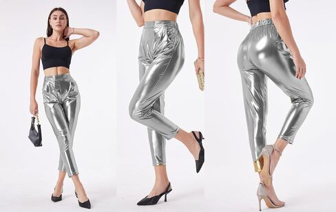 heipeiwa Women's Shiny Metallic Cropped Pants Party Club Disco Wear Sequin Casual Dress Pants in Kuwait