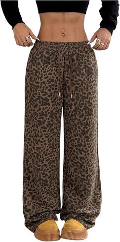 Floerns Women's Y2k Leopard Print Pants Drawstring Waist Wide Leg Loose Trousers in Saudi Arabia