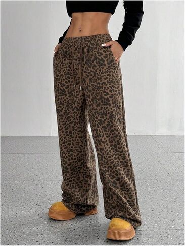 Floerns Women's Y2k Leopard Print Pants Drawstring Waist Wide Leg Loose Trousers in Saudi Arabia