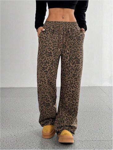 Floerns Women's Y2k Leopard Print Pants Drawstring Waist Wide Leg Loose Trousers in Saudi Arabia