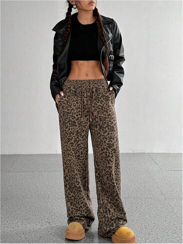 Floerns Women's Y2k Leopard Print Pants Drawstring Waist Wide Leg Loose Trousers in Saudi Arabia