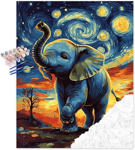 Zouwit Elephant Paint بأرقام للبالغين على قماش ، Flatry Night Please Elephant on Flower Meadow Landscape ، الدهانات لديكور الجدار المنزلي ، طلاء هدية طلاء حيوان للمبتدئين (16 × 20 بوصة) in Kuwait