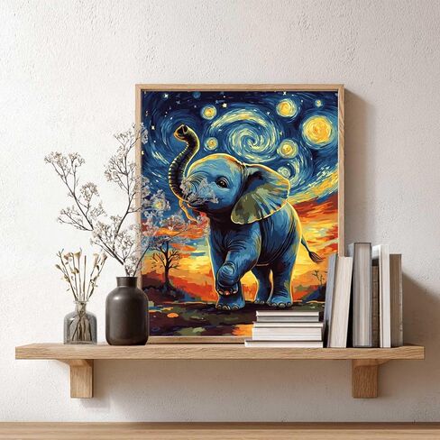 Zouwit Elephant Paint بأرقام للبالغين على قماش ، Flatry Night Please Elephant on Flower Meadow Landscape ، الدهانات لديكور الجدار المنزلي ، طلاء هدية طلاء حيوان للمبتدئين (16 × 20 بوصة) in Kuwait