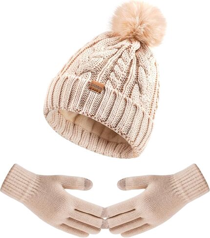 Winter Beanie Hat Scarf Gloves Set for Women, Pom Pom Fleece Lined Hat Long Knit Scarf Neck Warmer Touchscreen Gloves in Saudi Arabia