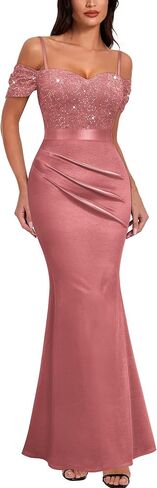 Miusol Women's Elegant Sequin Lace Spaghetti Straps Formal Satin Maxi Dress in Saudi Arabia