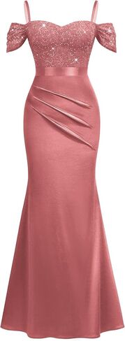 Miusol Women's Elegant Sequin Lace Spaghetti Straps Formal Satin Maxi Dress in Saudi Arabia