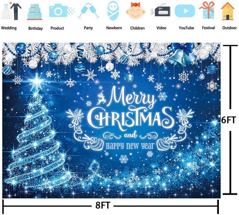 Blue Merry Christmas Backdrop Winter Silver Glitter Bokeh Snowflake Christmas Tree Photography Background for Xmas New Year Family Holiday Party Decoration Banner ﻿ (7X5FT(82 x 59 inch)) in Kuwait