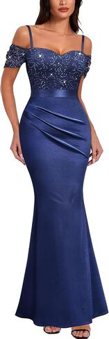 Miusol Women's Elegant Sequin Lace Spaghetti Straps Formal Satin Maxi Dress in Saudi Arabia