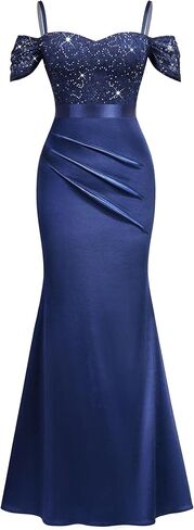 Miusol Women's Elegant Sequin Lace Spaghetti Straps Formal Satin Maxi Dress in Saudi Arabia
