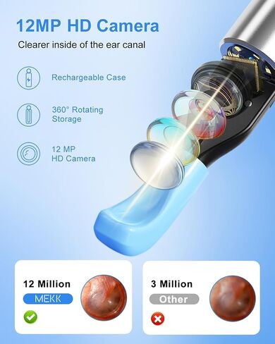 MEKK Ear Wax Removal Kit S5 with 10 MP Camera, Precision Tweezers, 12 Ear Spoons, Wireless Otoscope Ear Cleaner for iOS & Android in Kuwait