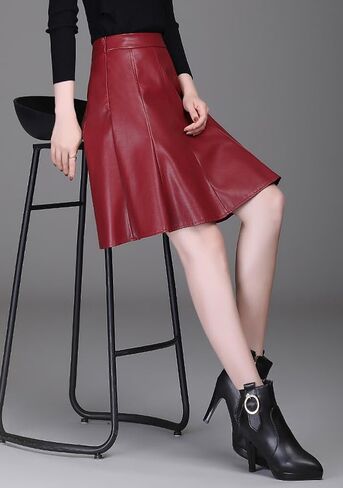 chouyatou Women's High Waisted Faux Leather Pleated Skirt A Line Knee Length Business Casual Midi Skirt in Saudi Arabia