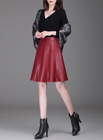 chouyatou Women's High Waisted Faux Leather Pleated Skirt A Line Knee Length Business Casual Midi Skirt in Saudi Arabia