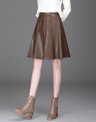 chouyatou Women's High Waisted Faux Leather Pleated Skirt A Line Knee Length Business Casual Midi Skirt in Saudi Arabia