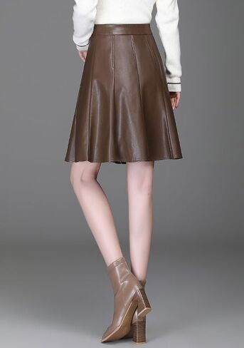 chouyatou Women's High Waisted Faux Leather Pleated Skirt A Line Knee Length Business Casual Midi Skirt in Saudi Arabia