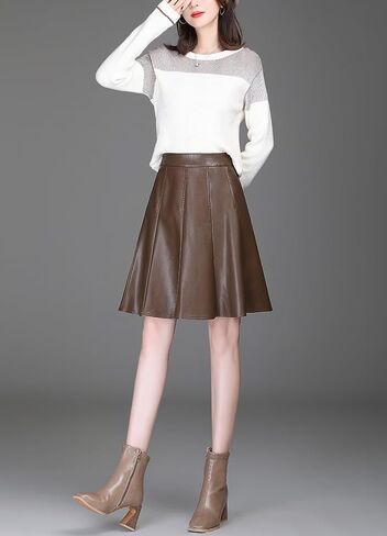 chouyatou Women's High Waisted Faux Leather Pleated Skirt A Line Knee Length Business Casual Midi Skirt in Saudi Arabia