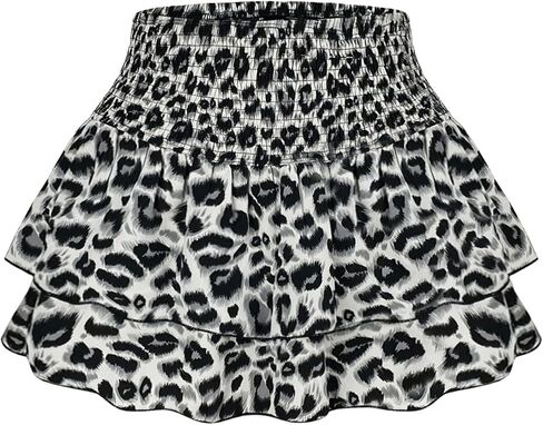 Milumia Women's Leopard Printed Skirt Ruffle Hem Layer Smocked Short Skirts in Saudi Arabia
