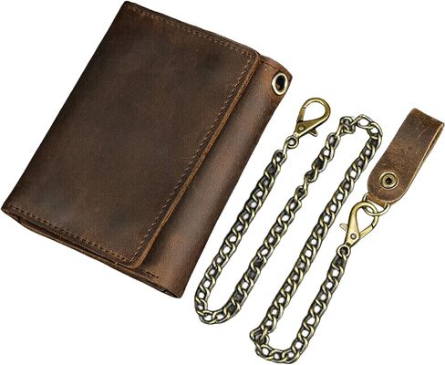 Men Tri-fold Vintage Leather Biker Chain Wallet With Snap Closur Zipper Purse Brown in Saudi Arabia