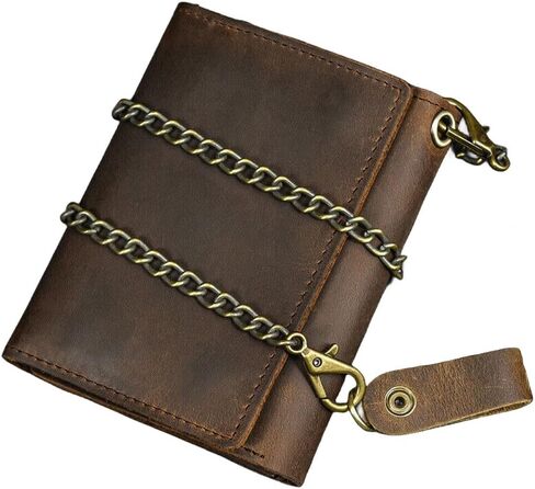 Men Tri-fold Vintage Leather Biker Chain Wallet With Snap Closur Zipper Purse Brown in Saudi Arabia