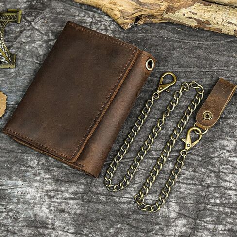 Men Tri-fold Vintage Leather Biker Chain Wallet With Snap Closur Zipper Purse Brown in Saudi Arabia