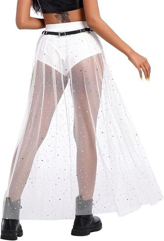 Women's 2 in 1 Skirt with Shorts Tulle Sheer Mesh Glitter Sequin Flowy Rave Festival Sparkly Costume Long Maxi Skirts in Kuwait