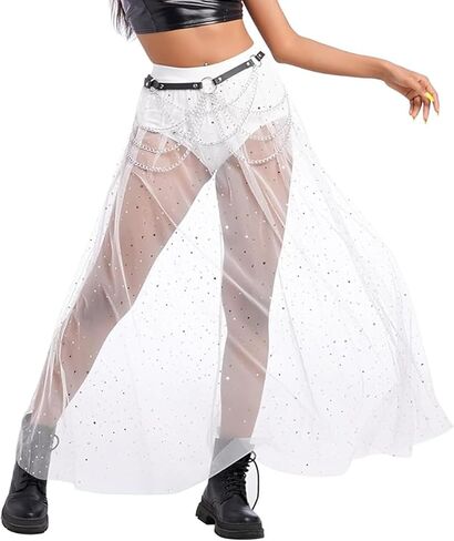 Women's 2 in 1 Skirt with Shorts Tulle Sheer Mesh Glitter Sequin Flowy Rave Festival Sparkly Costume Long Maxi Skirts in Kuwait